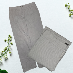 Newport pants grey and white pinstripe light green background with small bell flowers for accent