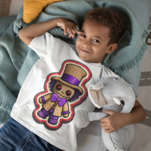 Voodoo Luis T-shirt Toddler laying with stuffed animal