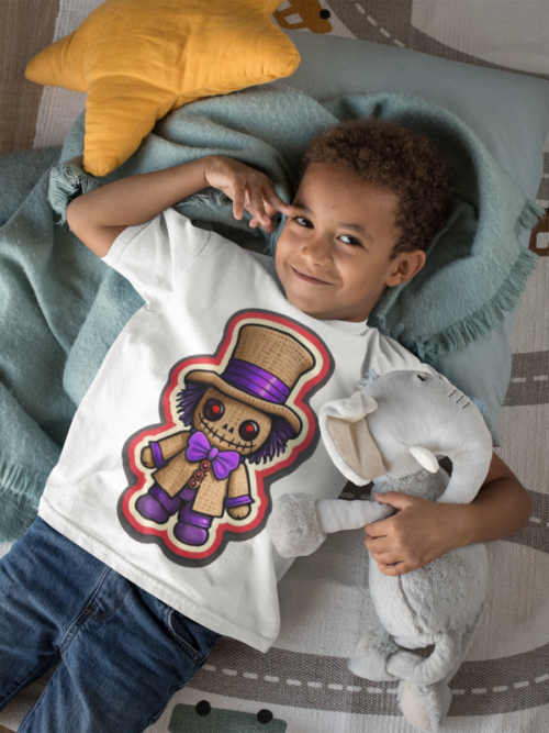 Voodoo Luis T-shirt Toddler laying with stuffed animal