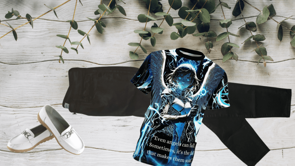 Capsule blog black jeans Celestial Protector Wisdom - Mystic Thrift Store a pair of black pants, white loafers, and a signature Celestial Protector of Wisdom t-shirt