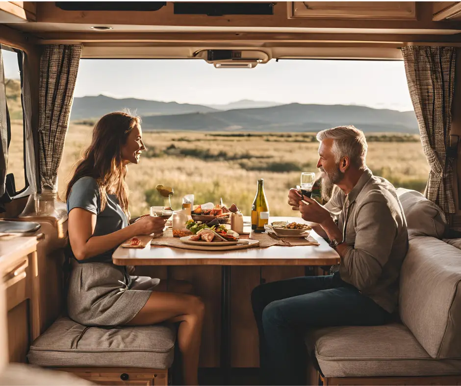 A couple sitting at a table eating in an RV with a scenic background