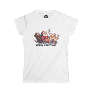 white t-shirt with Santa his sleigh and a couple of reindeer with "Merry Christmas" under them