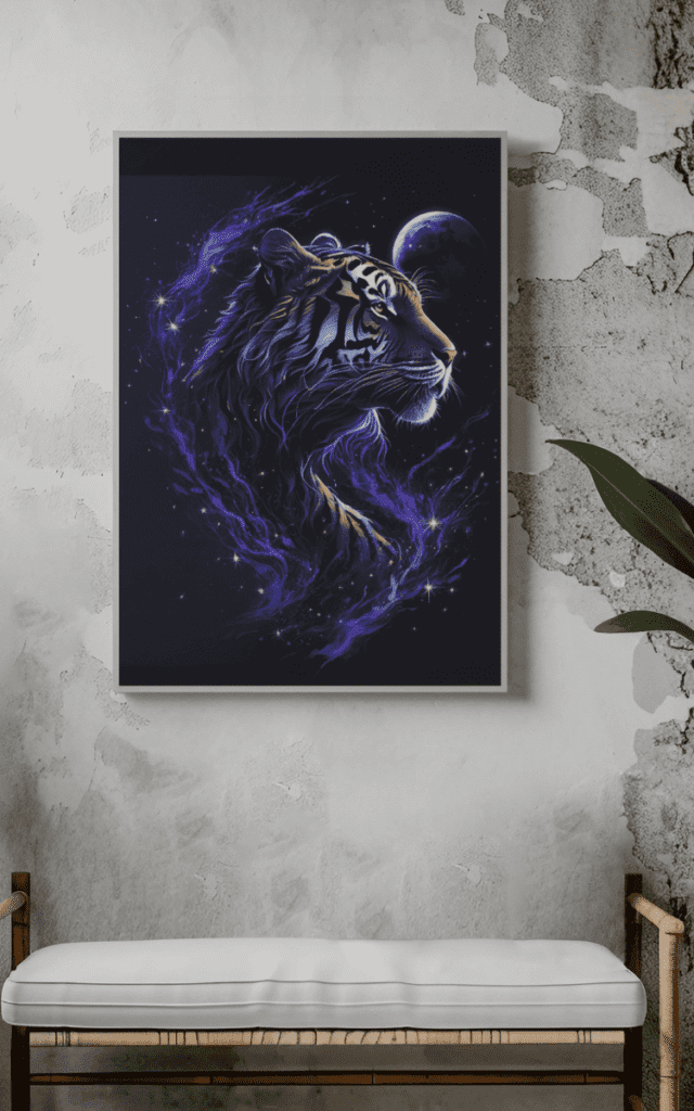 Mystic Wares Home Style wall art celestial tiger image in a frame hanging on a gray wall