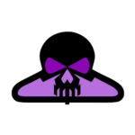 Black cross between a skull and a hanger with purple on the inside - icon for Mystic Thrift Stores Apparel Section