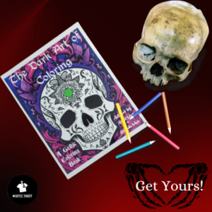 The Dark Art of Coloring: A Gothic Coloring Book on a deep red background with colored pencils and a skull