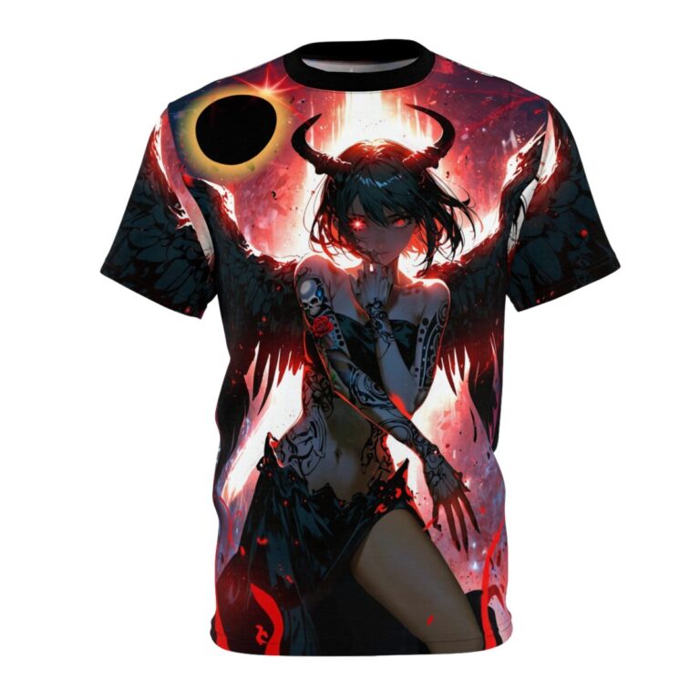 Celestial Queen in a provocative pose, her dark wings outstretched, with a bright light shining behind her on the front of a T-shirt