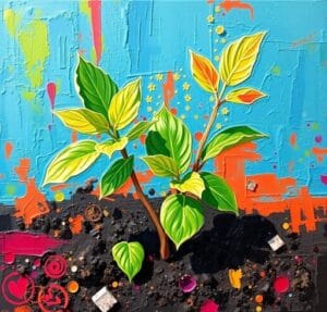Bold acrylic painting plant growing vibrant textured brushstrokes electric colors
