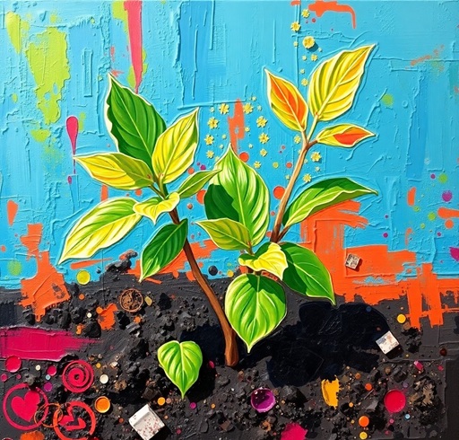 Bold acrylic painting plant growing vibrant textured brushstrokes electric colors - Mystic Thrift Store Bold acrylic painting plant growing vibrant textured brushstrokes electric colors