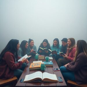 Photo of an adorable and cute book club gathering warm terracotta and cool teal tones thick fog low visibility charming features earthy and cool contrast - Mystic Thrift Store