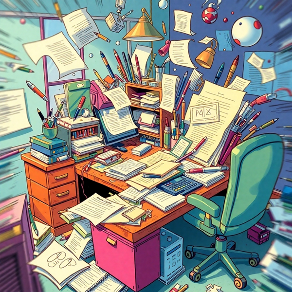Busy Colorful Desk - Mystic Thrift Store Bright, colorful desk exploding with tasks, papers, and office supplies