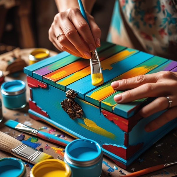 Leonardo_Phoenix_10_Closeup_photo_of_hands_carefully_painting_2 - Mystic Thrift Store Person painting a vintage wooden box with bright colorful paints.