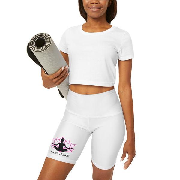 Yoga pants design 23 600x600 - Mystic Thrift Store A young lady wearing Inner Peace Yoga Shorts, carrying her yoga mat.