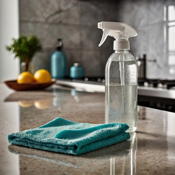 Leonardo_Kino_XL_a_closeup_shot_of_a_freshly_cleaned_kitchen_c_2 - Mystic Thrift Store A close-up shot of a cleaning bottle and cloth on a clean kitchen countertop